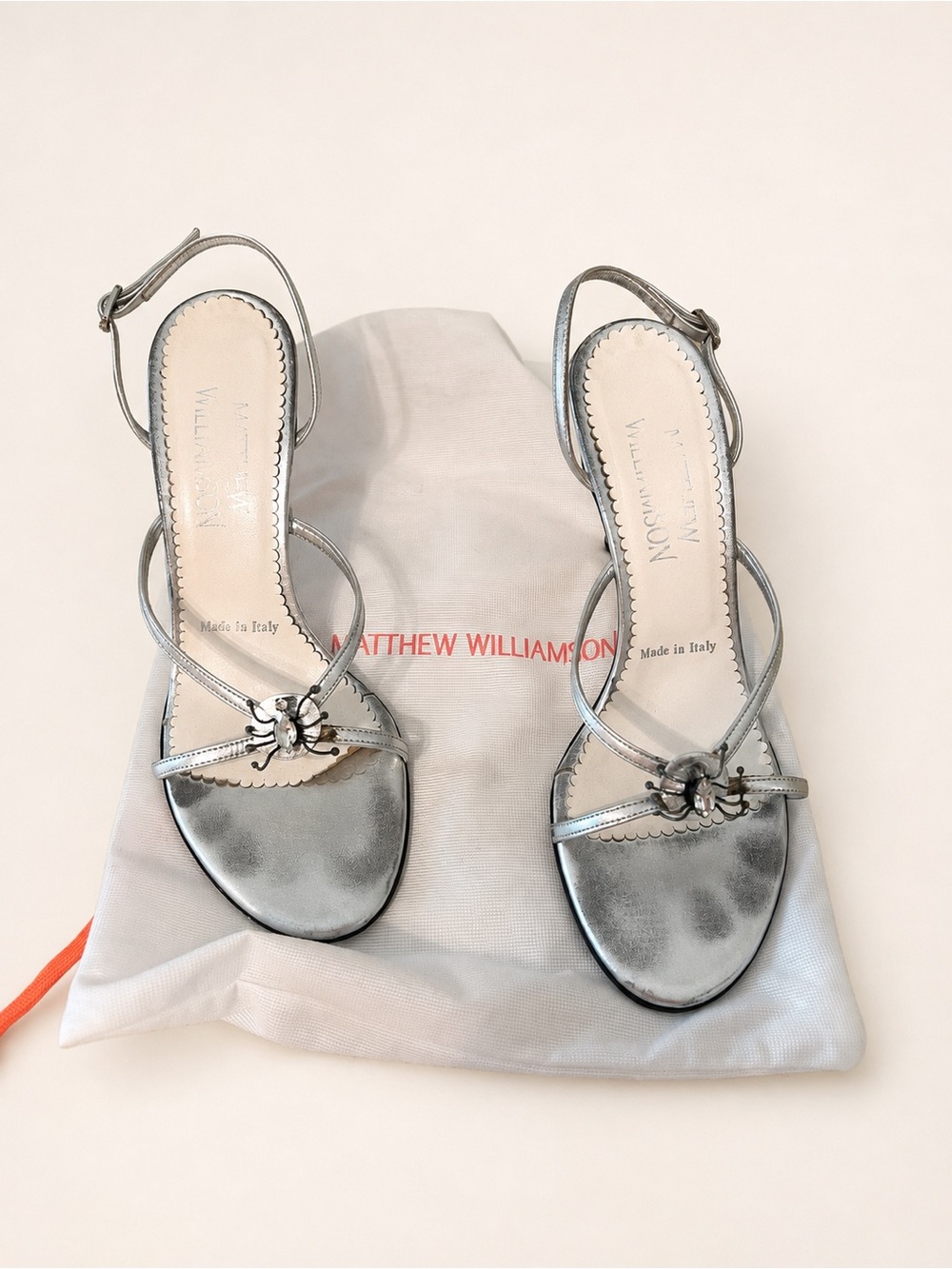 Matthew Williamson Silver Metallic Crystal Insect Slingback Heels Size 39 Italy